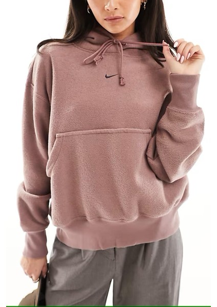 Sportswear Phoenix Plush Oversize Hoodie Kadın Peluş Kapüşonlu Sweatshirt Yıldız Moru Kahve