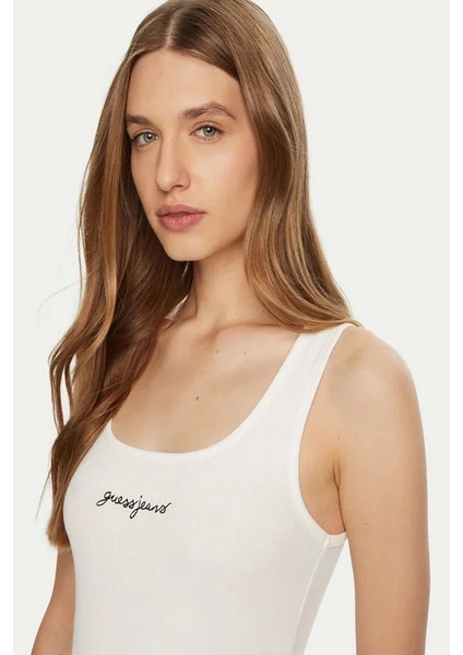 Kadın Nakış Işlemeli Kolsuz T-Shirt Beyaz