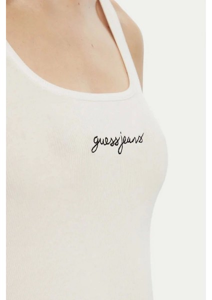 Kadın Nakış Işlemeli Kolsuz T-Shirt Beyaz