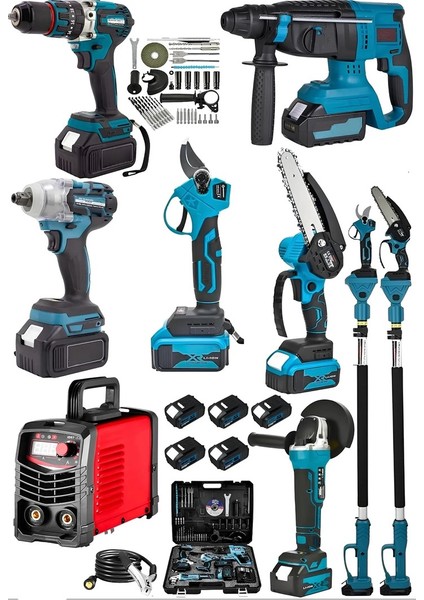 8'set-Teleskopik-Budama Makası-Şarjlı Testere-Hilti-Taşlama Spral- Matkap-Somun Sökme-Kaynak Makina