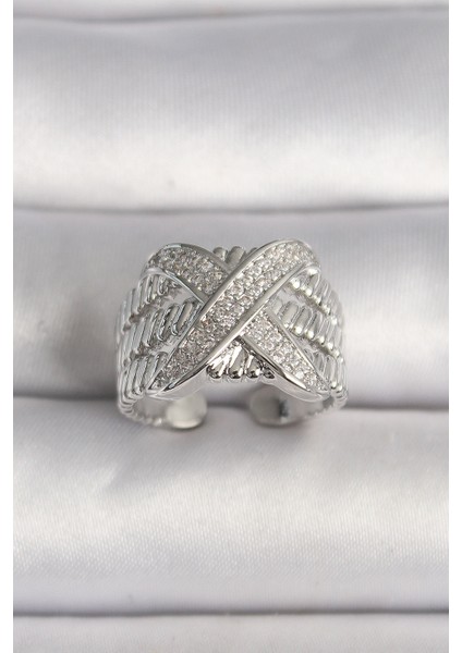 Pirinç Gümüş Renk Ayarlanabilir Zirkon Taşlı x Model Kadın Yüzük - TJ-BYK3582