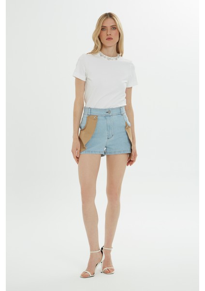 Çift Renkli Mavi Mini Jean Şort