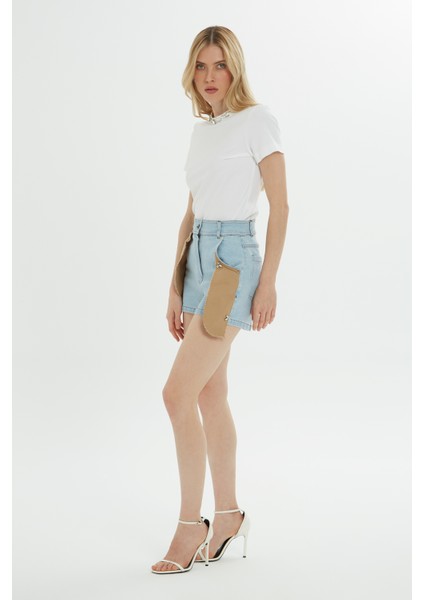 Çift Renkli Mavi Mini Jean Şort