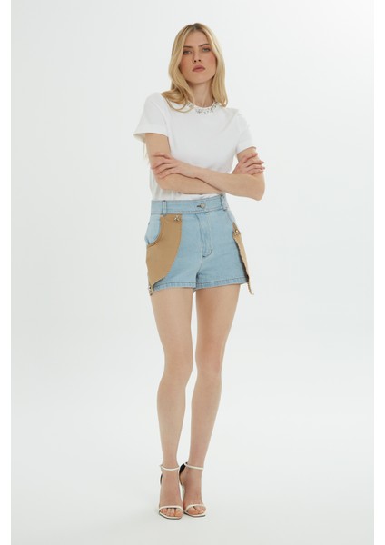 Çift Renkli Mavi Mini Jean Şort