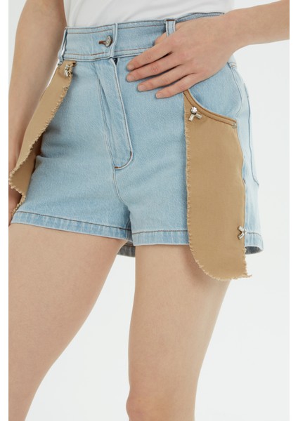 Çift Renkli Mavi Mini Jean Şort