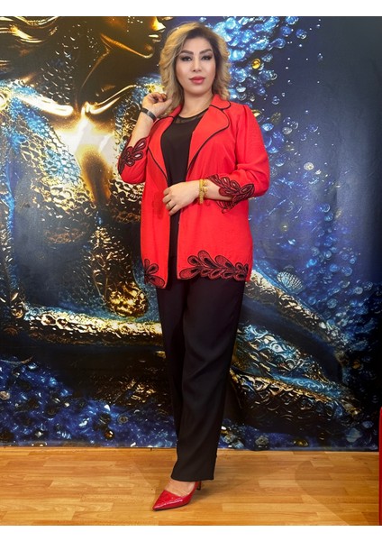 Takım Ceket Pantolon Kaliteli Krep Kırmızı Dantelli Taşli Işlemeli Yüksek Kalite fırsatları