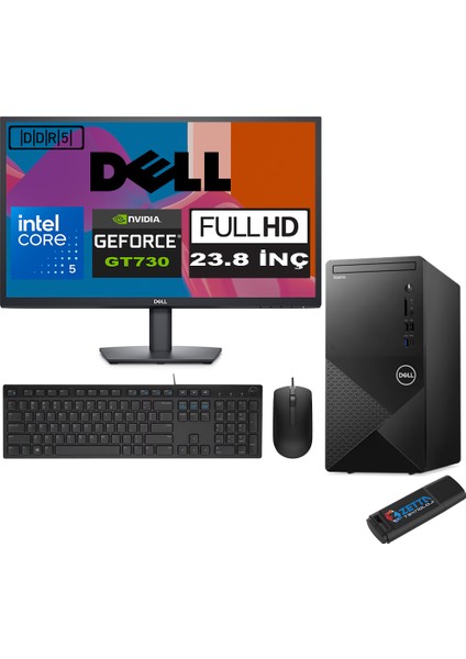 Vostro 3030 mt Intel Core I5 12400 24GB Ddr5 512GB SSD 23.8" Fhd Windows 11 Home Nvidia GT730-4GB Masaüstü Bilgisayar 23N3030I5GT730H12 + Zetta USB Bellek