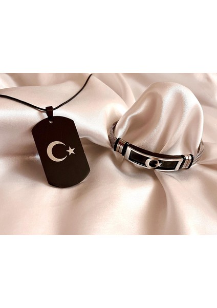 Ay Yıldız Türk Bayrağı Figürlü Çelik Kolye&Bileklik Set