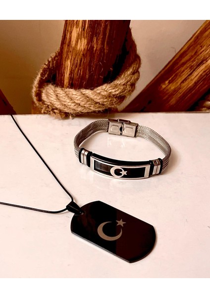 Ay Yıldız Türk Bayrağı Figürlü Çelik Kolye&Bileklik Set fiyatları