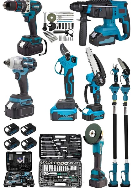 216 Parça Lokma Seti-Teleskopik-Budama Makası-Şarjlı Testere-Hilti-Taşlama Spral-Matkap-Somun Sökme