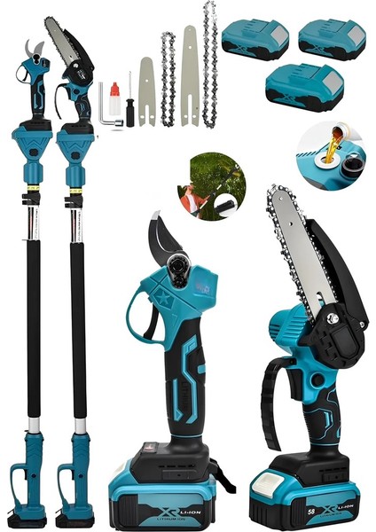 9400RPM 3 Bataryalı Teleskopik Uyumlu Dal Budama Bağ Makası ve Zincir Yağlamalı Dal Budama Testere