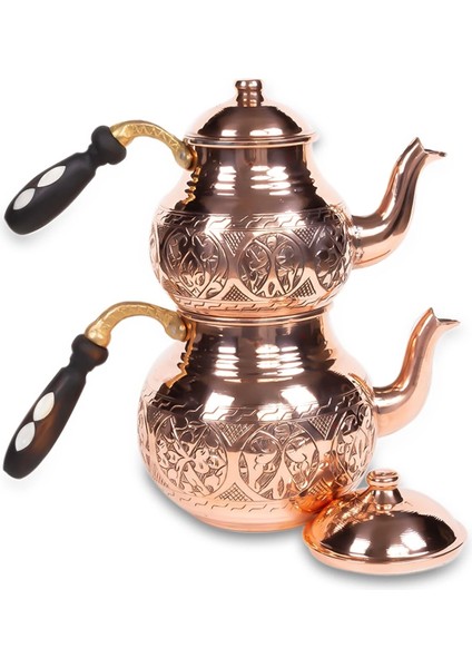 Bakır El Oyması Kırmızı Tombik Çaydanlık