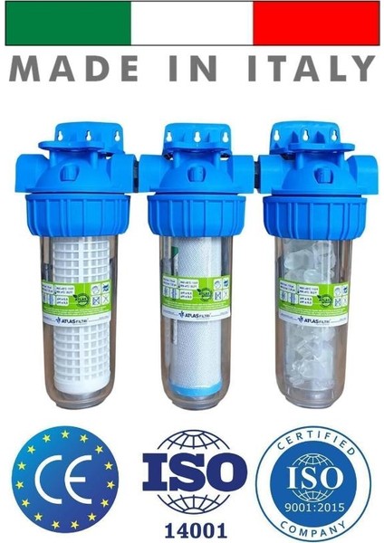 Housing 3'lü Su Arıtma Filtresi ve Kabı Daire-Bina Girişi Arıtma 10'' Modüler Italyan Malı