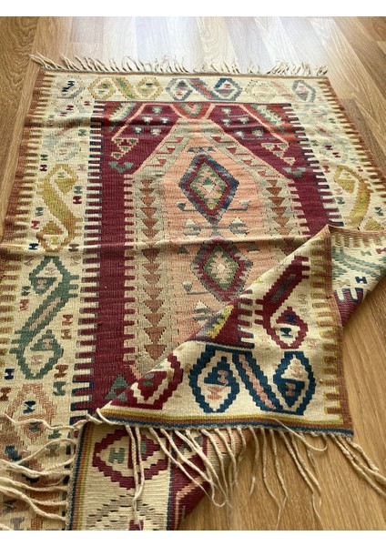 80 x 123 cm vintage Türk Geometrik Kilim, Küçük Boy Pastel Renkli Kilim, 40 Yıllık El Dokuma Şık Kilim fiyatları