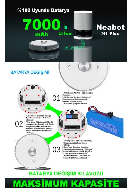 Neabot Nomo N1 Plus 7000mAh Robot Süpürge Bataryası - Gerçek Kapasite, Maksimum Güvenlik