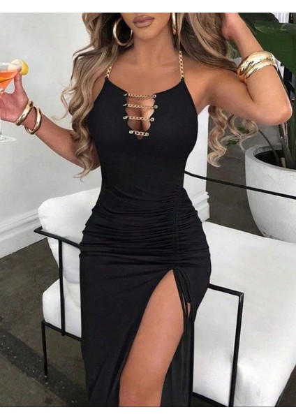 Kadın Ithal Full Likralı Sandy Kumaş Kuşgözü ve Metal Zincir Detaylı Asansör Büzgülü Yırtmaç Dekolteli Maxi Boy Elbise