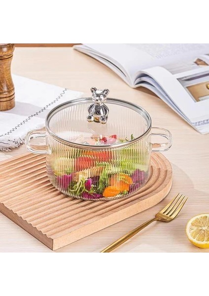 Borosilikat Cam Tencere | Ayıcık Desenli, Metal Çerçeveli, Cam Kapaklı, Fırın & Ocak Uyumlu, Hediyelik 1700 ml