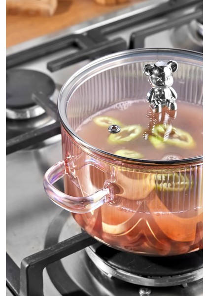 Borosilikat Cam Tencere | Ayıcık Desenli, Metal Çerçeveli, Cam Kapaklı, Fırın & Ocak Uyumlu, Hediyelik 1700 ml