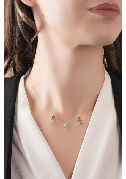 925 Ayar Gümüş , Gold Kaplamalı Turkuaz Taşlı Aile Kolye