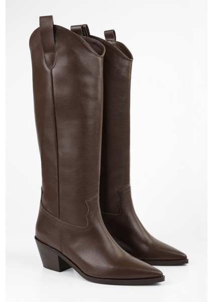 Kadın Meot Kahve Cilt Topuklu Western Binici Çizme