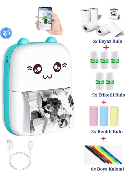 Taşınabilir Mini Cep Yazıcı - Termal Yazıcı Printer- 6 Kağıt + 5 Rulo Çıkartma + 3 Renkli Kağıt + 6 Sulu Boya Kalemi (Mavi)