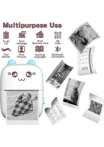 Taşınabilir Mini Cep Yazıcı - Termal Yazıcı Printer- 6 Kağıt + 5 Rulo Çıkartma + 3 Renkli Kağıt + 6 Sulu Boya Kalemi (Mavi)