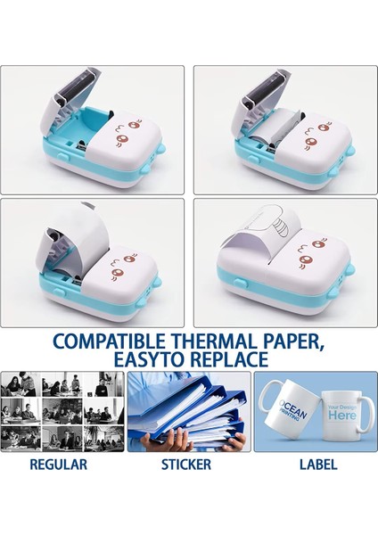 Taşınabilir Mini Cep Yazıcı - Termal Yazıcı Printer- 6 Kağıt + 5 Rulo Çıkartma + 3 Renkli Kağıt + 6 Sulu Boya Kalemi (Mavi)