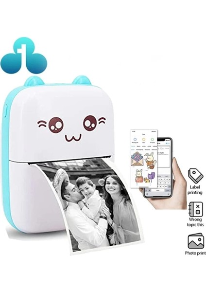 Taşınabilir Mini Cep Yazıcı - Termal Yazıcı Printer- 6 Kağıt + 5 Rulo Çıkartma + 3 Renkli Kağıt + 6 Sulu Boya Kalemi (Mavi)