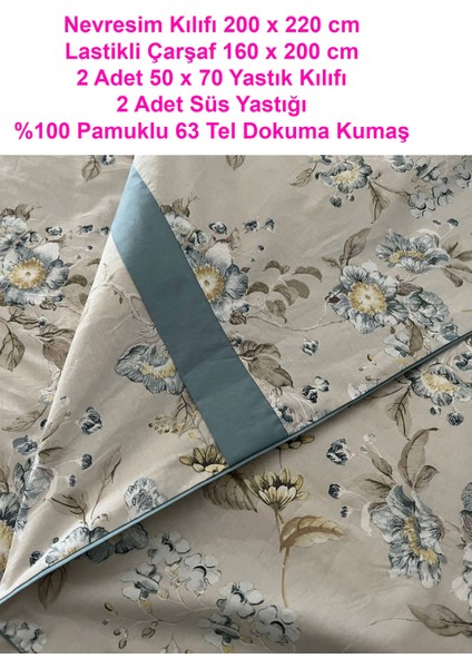 Biye Detaylı Çiçek Desenli Çift Kişilik Patlı Nevresim Takımı 6 Parça