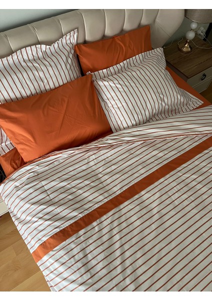 Biye Detaylı Çizgili Çift Kişilik Patlı Nevresim Takımı 6 Parça