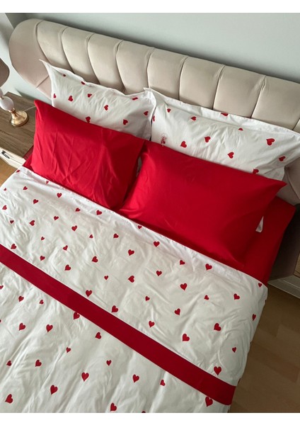Biye Detaylı Kalp Desenli Çift Kişilik Patlı Nevresim Takımı 4 Parça