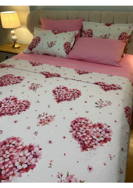 Kalp Desenli Çift Kişilik Lastikli Çarşaf Nevresim Takımı 4 Parça modelleri
