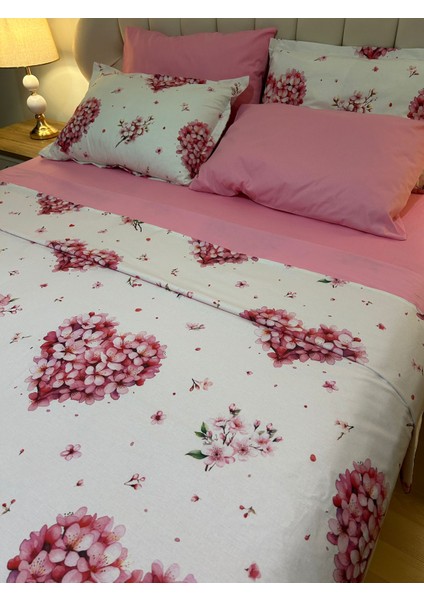 Kalp Desenli Çift Kişilik Lastikli Çarşaf Nevresim Takımı 4 Parça indirimleri