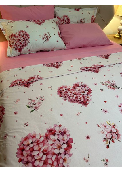 Kalp Desenli Çift Kişilik Lastikli Çarşaf Nevresim Takımı 6 Parça