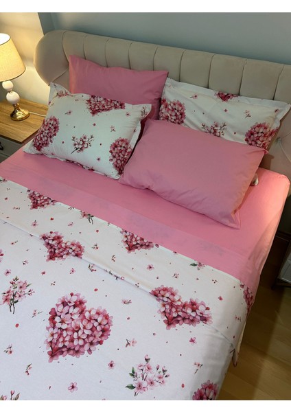 Kalp Desenli Çift Kişilik Lastikli Çarşaf Nevresim Takımı 6 Parça fırsatları