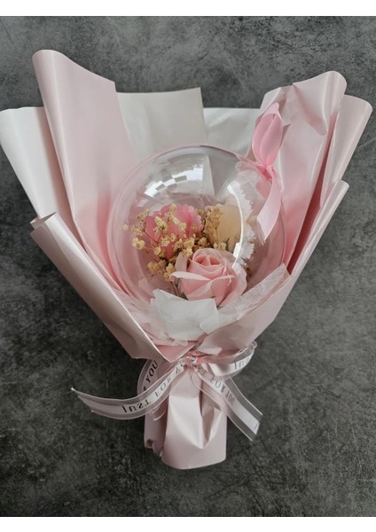 Düş Balonu Pembe Gül Tüy Dekorlu Kutulu Özel Gün Buketi Sevgililer Günü