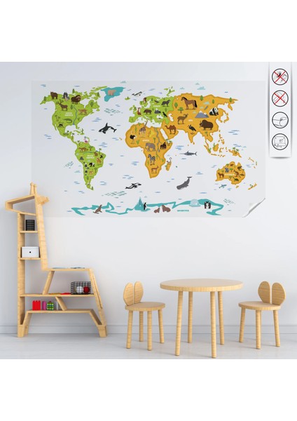 Statik Kağıt Hayvanlı Dünya Haritası Şeffaf ( Model-3) 98 cm x 140 cm 11