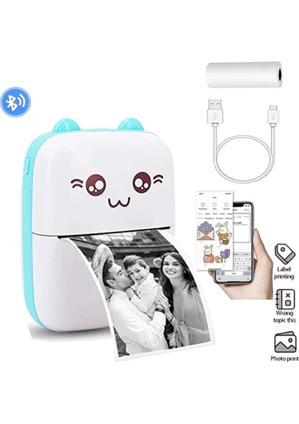Taşınabilir Mini Cep Yazıcı Printer Bt Termal Yazıcı Mavi