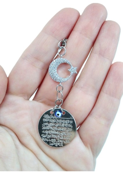 Parlak Taşlı Ay Yıldızlı Araba Dikiz Ayna Süsü Metal Ayetel Kürsi, Gümüş Renkli Yeni Araba Hediyesi