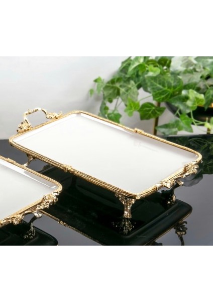 Metal Çerçeveli Dikdörtgen Porselen Servis Tabağı 35 x 26 cm