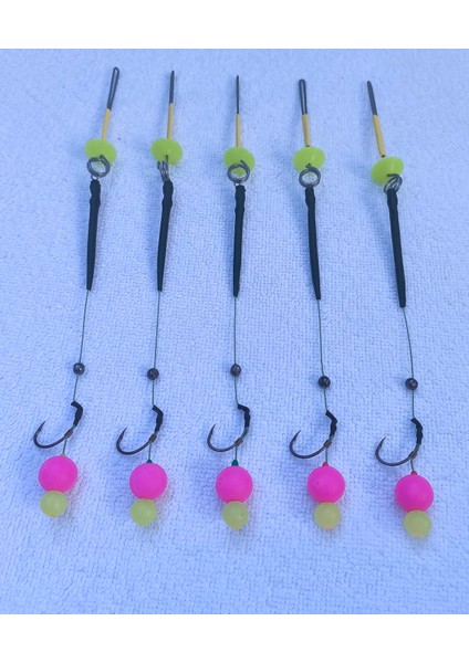 5 Adet Küspe Telli 14 mm Pembe ve 8 mm Fosforlu Pop Up'lı Sazan Rig Takımı