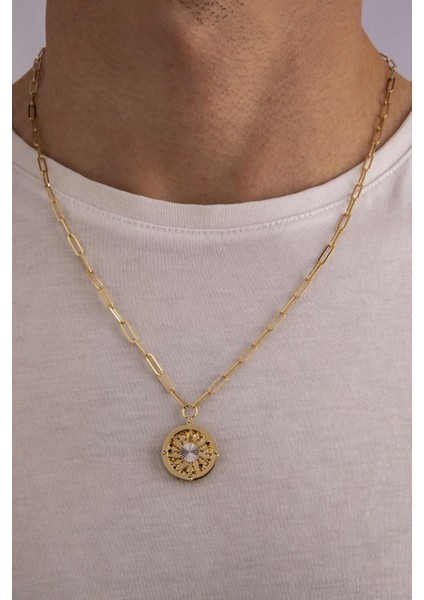 14 Ayar Altın Ataç Zincirli Güneş Uçlu Erkek Kolye