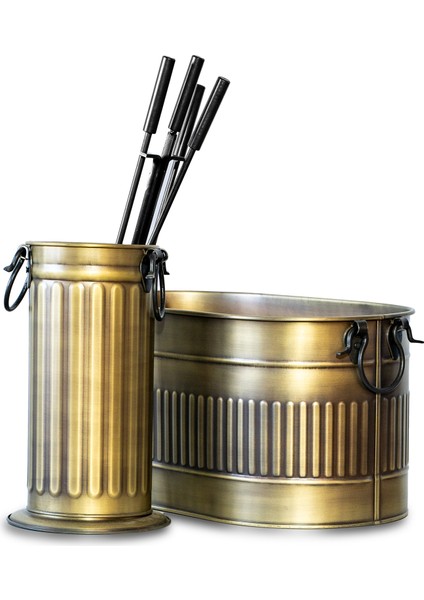 Şık Gold Oval Şömine Soba Odunluk ve Maşa Takımı Set Takım
