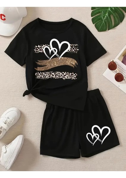 Punıx Kıds Özel Üretim Ikili Kalp Baskılı Yeni Stil Kız Çocuk T-Shırt Şort Takım