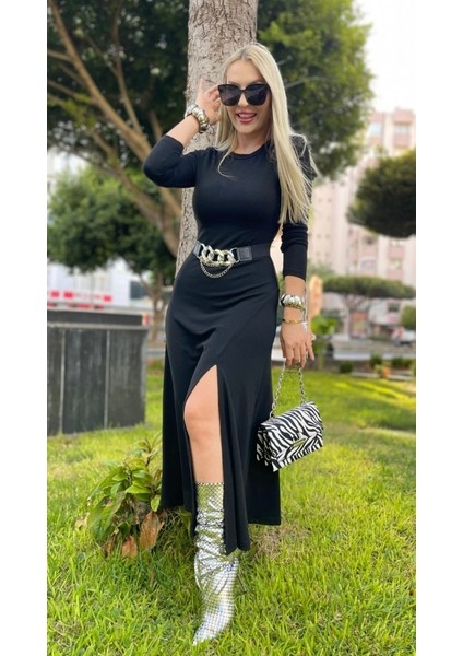 Kadın Uzun Kollu Bisiklet Yaka Yırtmaçlı Kemerli Uzun Çilek Elbise