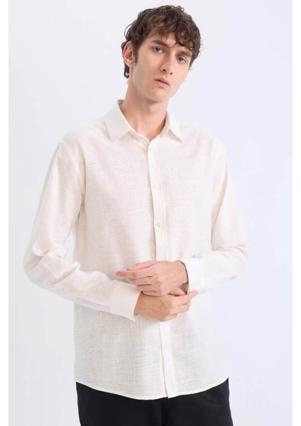 Regular Fit Polo Yaka Uzun Kollu Ekru Erkek Gömlek D7394AX/ER77