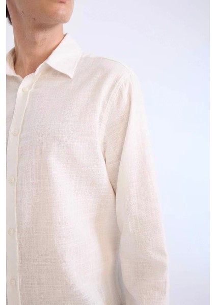 Regular Fit Polo Yaka Uzun Kollu Ekru Erkek Gömlek D7394AX/ER77