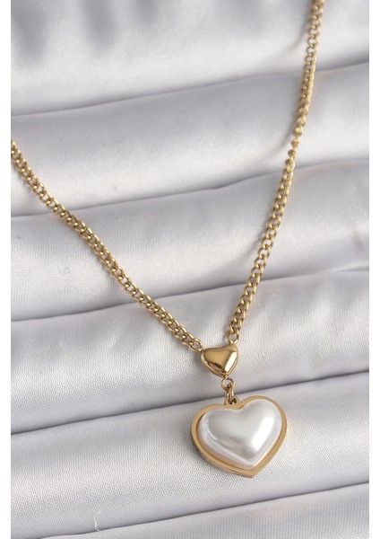 316L Çelik Gold Renk Zincir 3D Inci Kalp Model Kadın Kolye