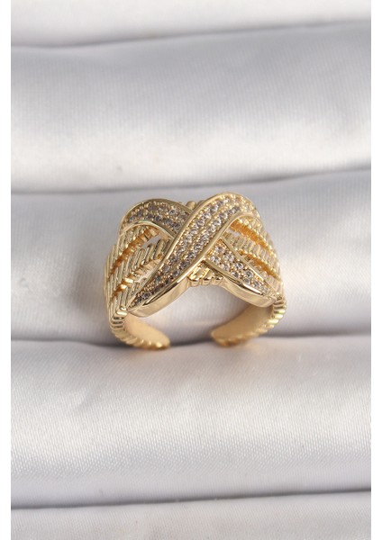 Pirinç Gold Renk Ayarlanabilir Zirkon Taşlı x Model Kadın Yüzük
