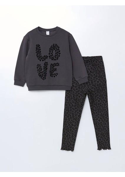 lcw Kids Bisiklet Yaka Leopar Desenli Kız Çocuk Sweatshirt ve Tayt 2'li